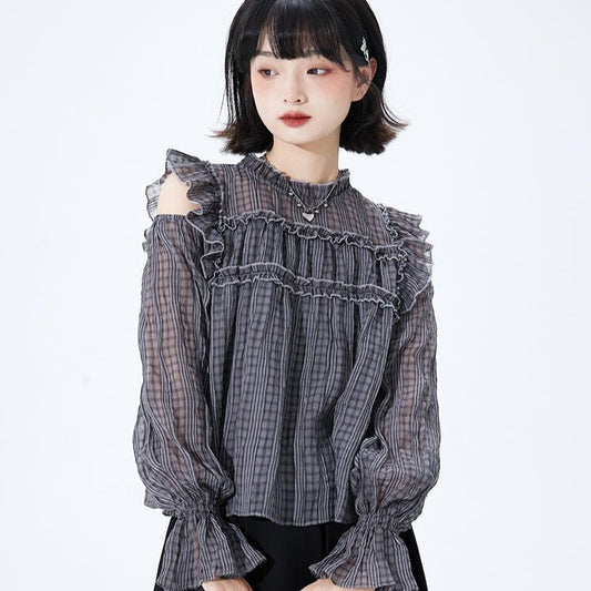 Gray plaid open shoulder wrinkled lace long-sleeved shirt