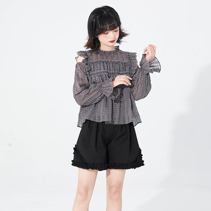 Gray plaid open shoulder wrinkled lace long-sleeved shirt