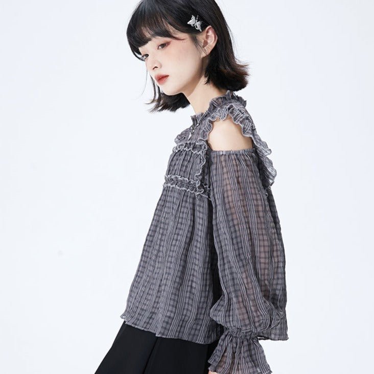 Gray plaid open shoulder wrinkled lace long-sleeved shirt