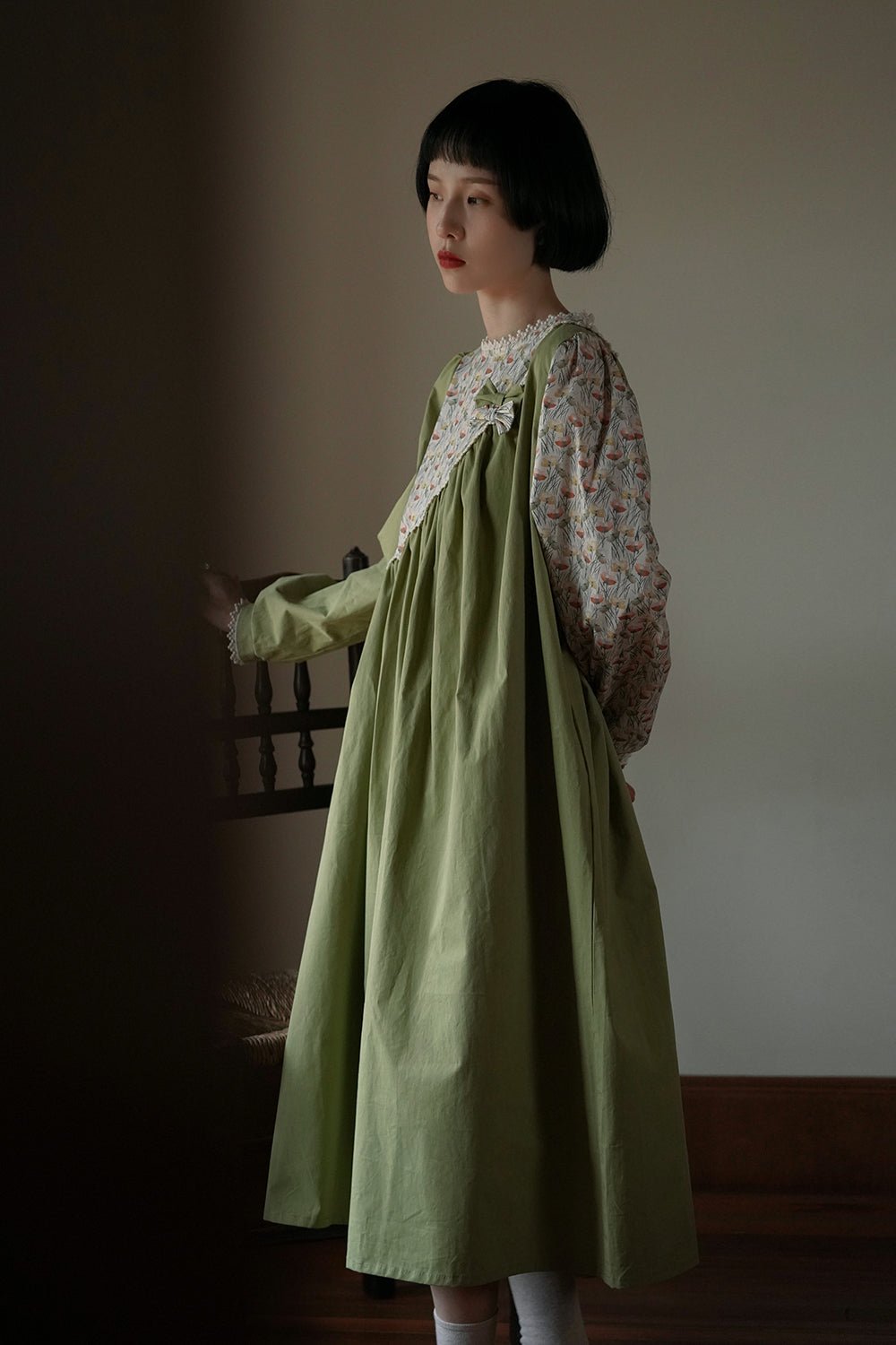 Green fafa floral dress female bow princess skirt