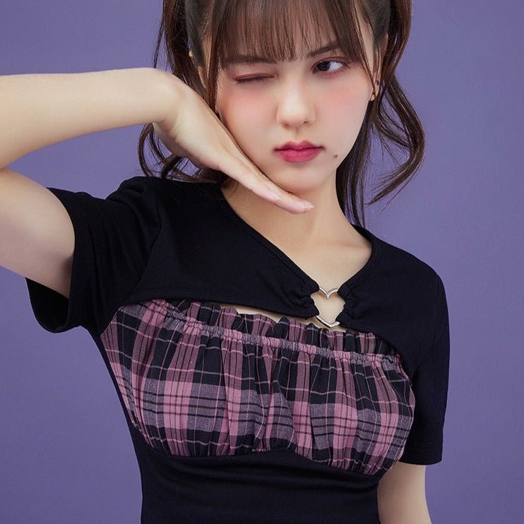 Grid tube top fake two short-sleeved T-shirt tops