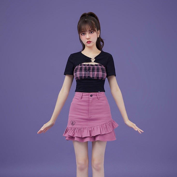 Grid tube top fake two short-sleeved T-shirt tops