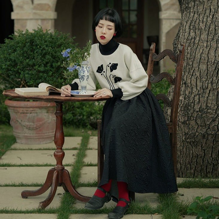 High collar lapel splicing knitted jacquard thick sweater
