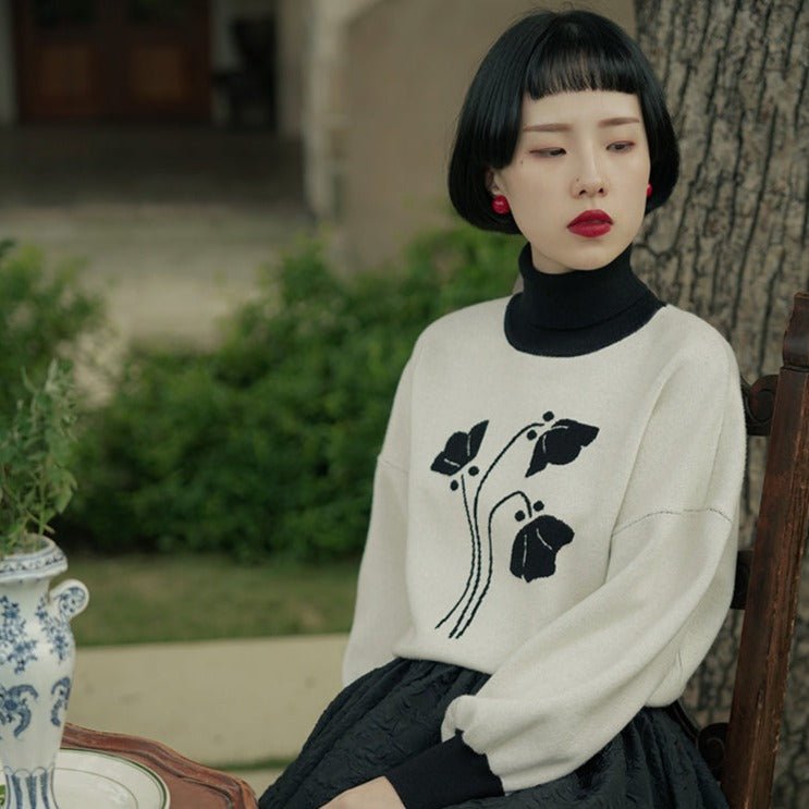 High collar lapel splicing knitted jacquard thick sweater