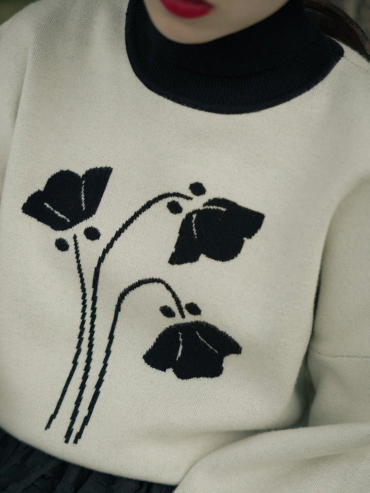 High collar lapel splicing knitted jacquard thick sweater