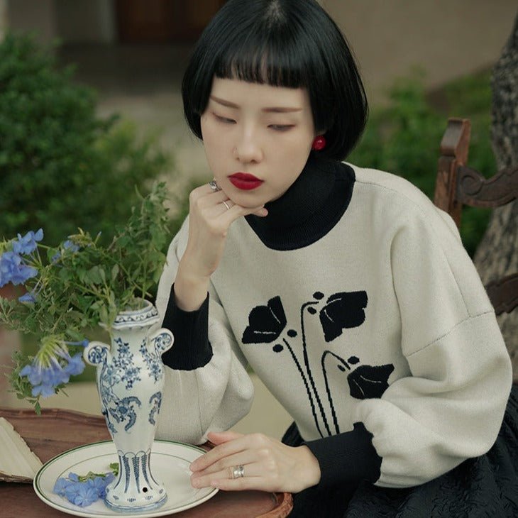 High collar lapel splicing knitted jacquard thick sweater