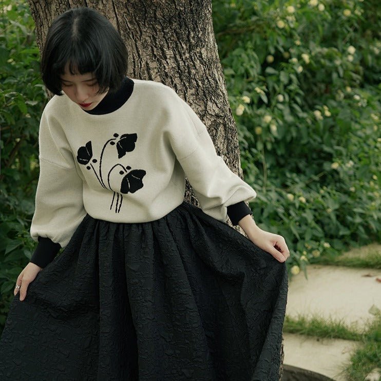 High collar lapel splicing knitted jacquard thick sweater