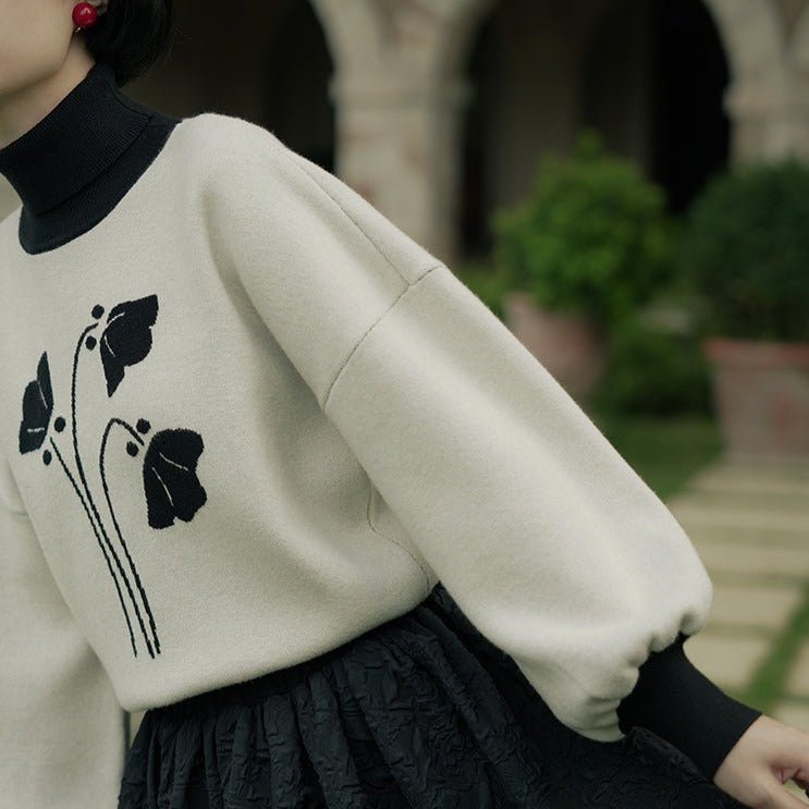 High collar lapel splicing knitted jacquard thick sweater