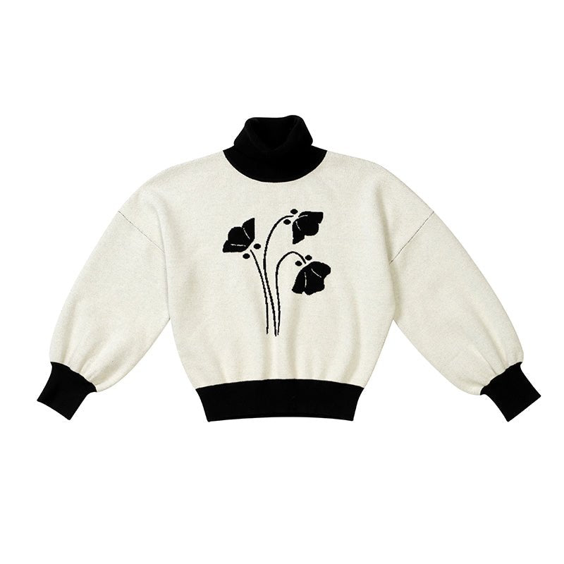 High collar lapel splicing knitted jacquard thick sweater