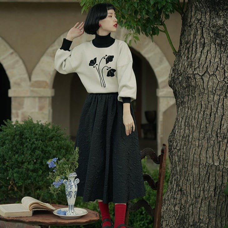 High collar lapel splicing knitted jacquard thick sweater