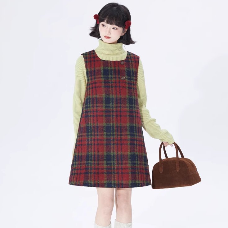 High-waisted mid-length loose-fitting retro wool dress