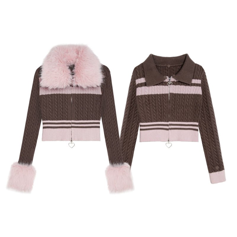 Hot Girl Pink Brown Zipper Sweater Detachable Plush