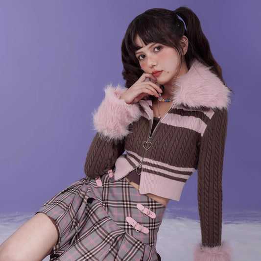 Hot Girl Pink Brown Zipper Sweater Detachable Plush