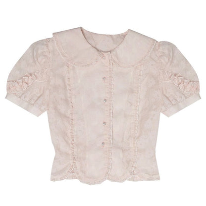 Jacquard petal shape waist puff sleeve short-sleeved shirt