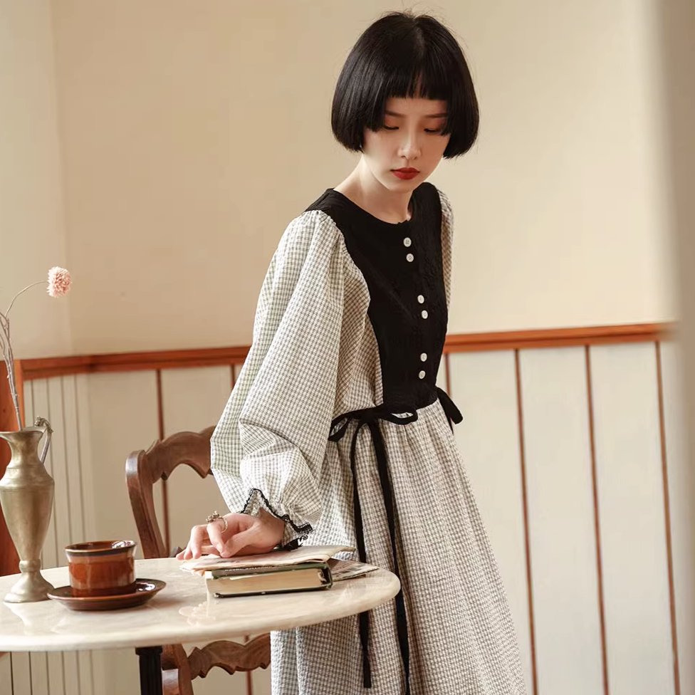 Japanese pattern dress lace up waist autumn skirt