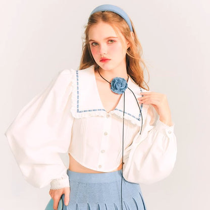 Lace doll collar short white French long-sleeved shirt