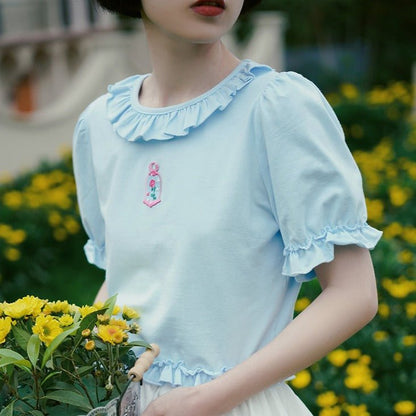 Lace short-sleeved T-shirt embossed applique ruffle waist top