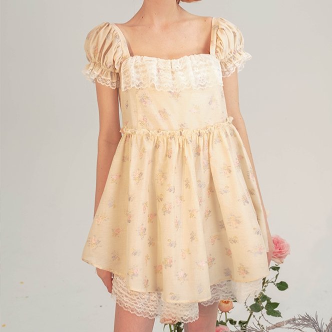 Lace Square Neck Puff Sleeve Floral Dress