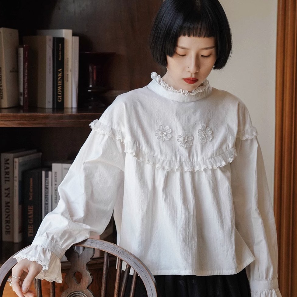 Lace Stand Collar Puff Sleeve Shirt Tops