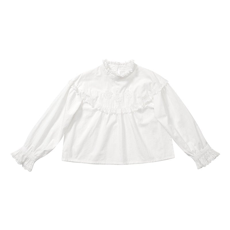 Lace Stand Collar Puff Sleeve Shirt Tops