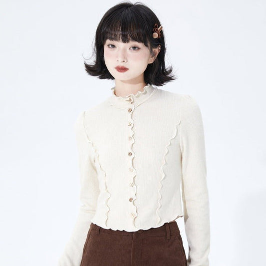 lace stand-up collar knitted cardigan, long-sleeved bottoming shirt