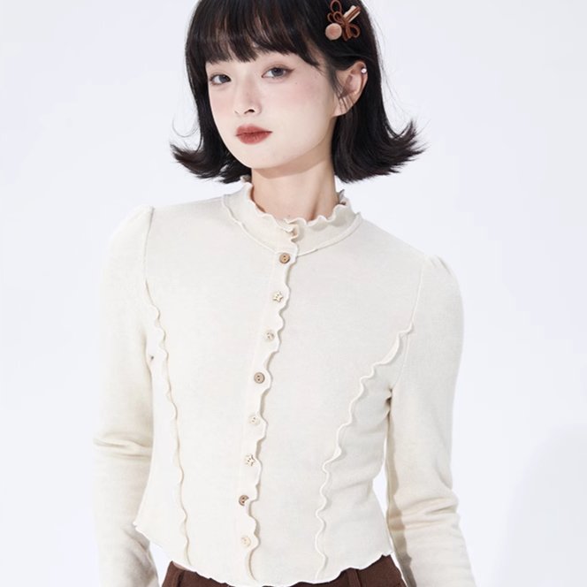 lace stand-up collar knitted cardigan, long-sleeved bottoming shirt