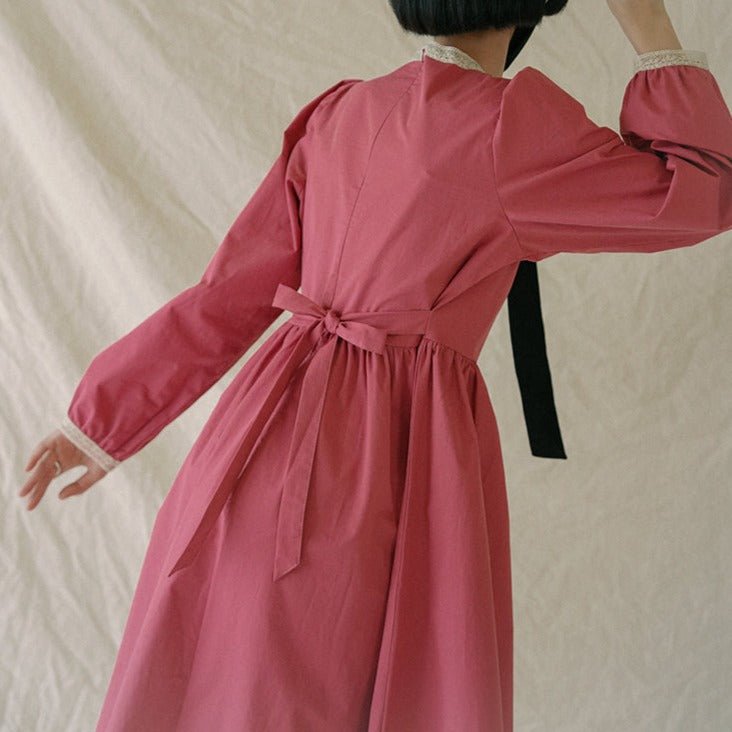 Lace stitching round neck lantern sleeve A-line dress