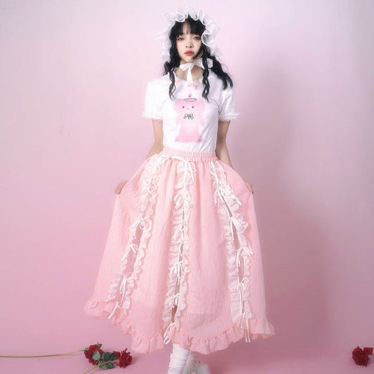 Lace strap bow petal elastic princess long skirt
