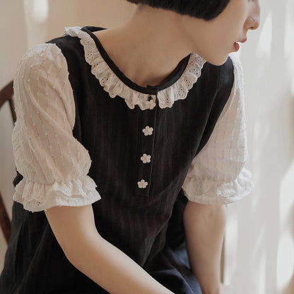 literary retro girl lace round neck black dress