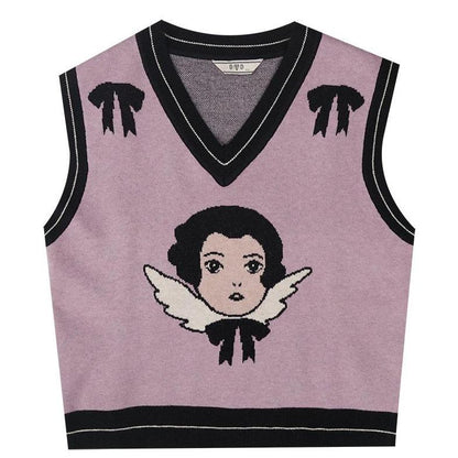 Little angel print knitted retro vest