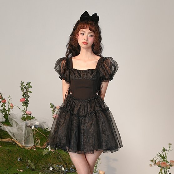 Little Black Organza Waistless Puff Sleeve Dress