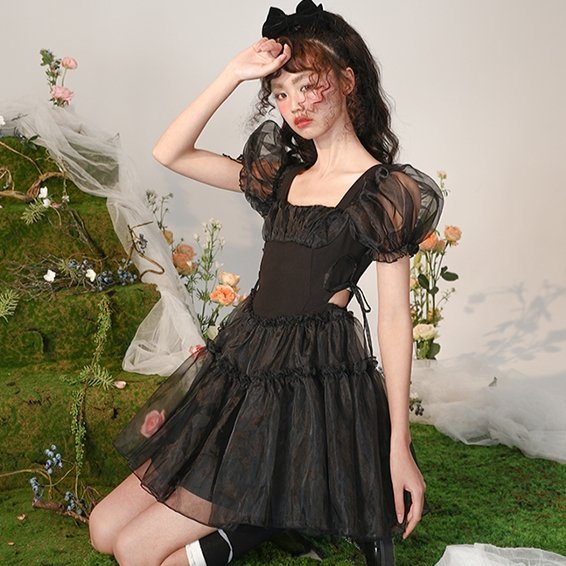 Little Black Organza Waistless Puff Sleeve Dress