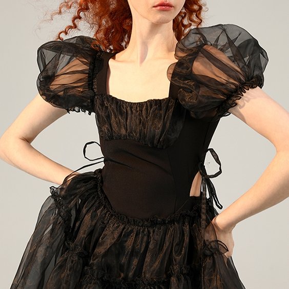 Little Black Organza Waistless Puff Sleeve Dress