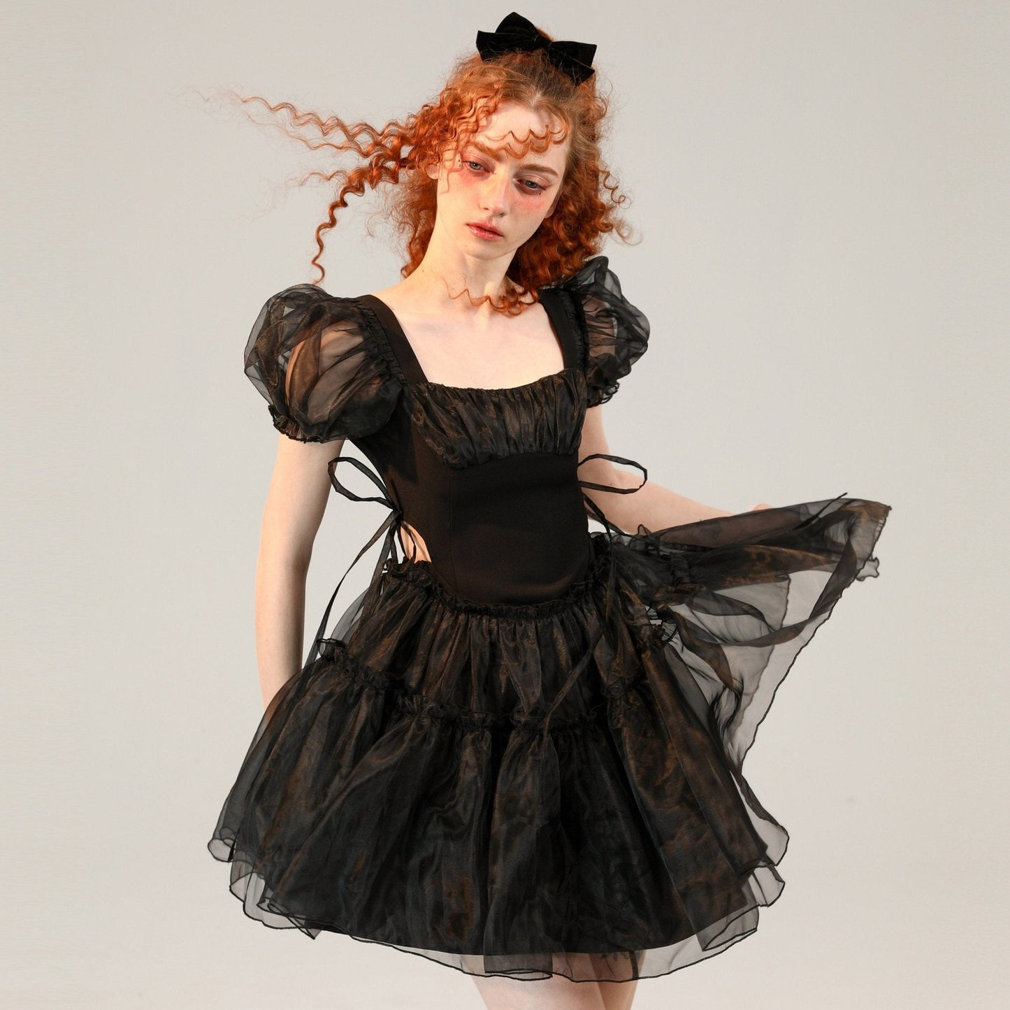Little Black Organza Waistless Puff Sleeve Dress