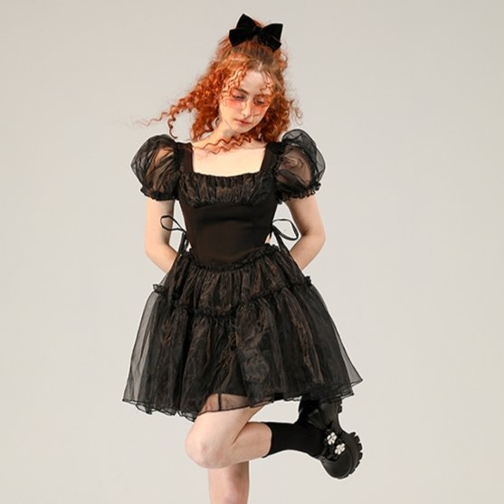 Little Black Organza Waistless Puff Sleeve Dress