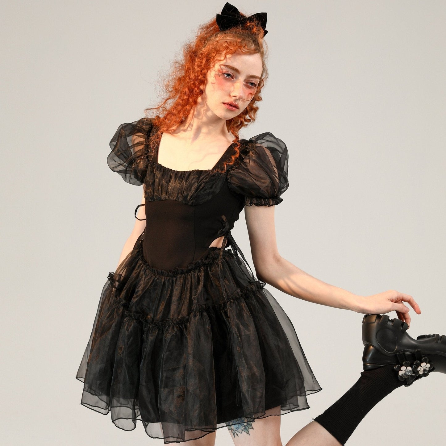 Little Black Organza Waistless Puff Sleeve Dress