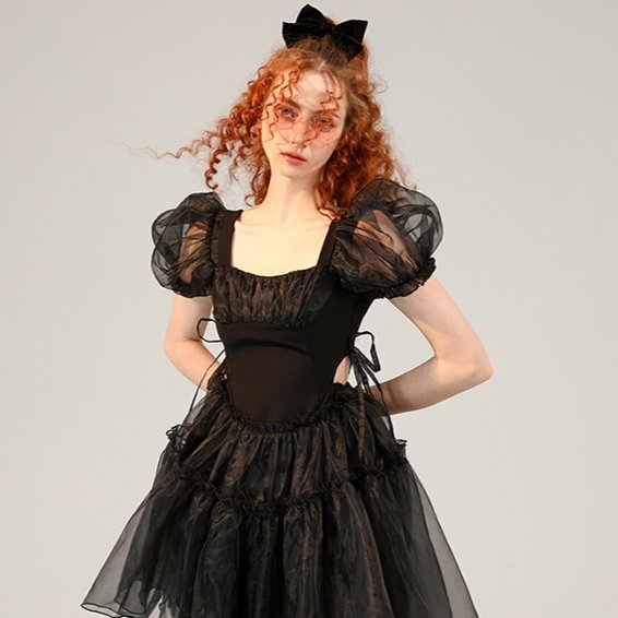 Little Black Organza Waistless Puff Sleeve Dress