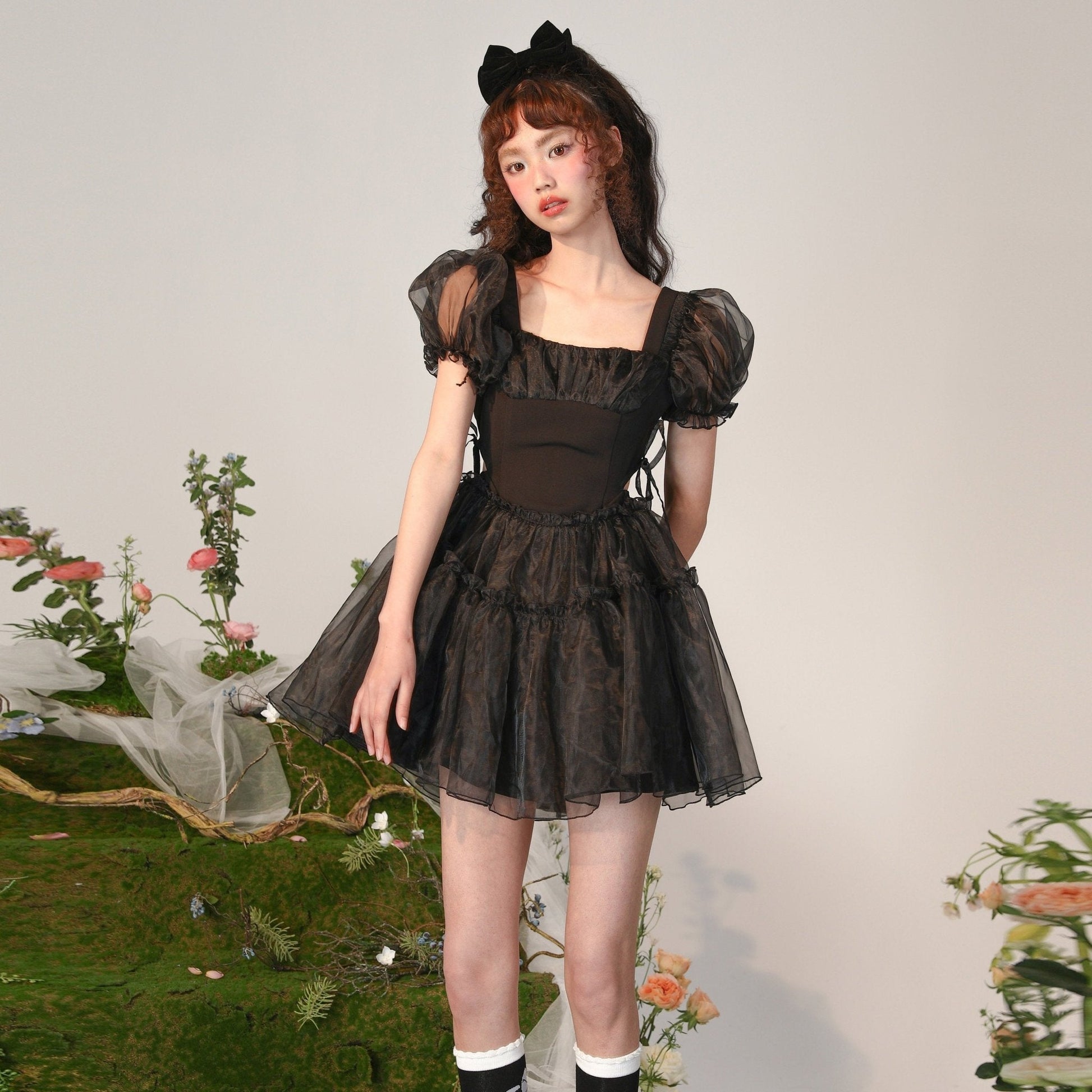 Little Black Organza Waistless Puff Sleeve Dress