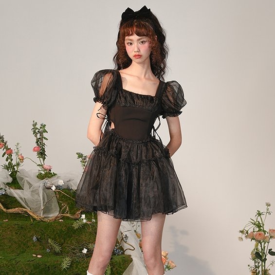 Little Black Organza Waistless Puff Sleeve Dress