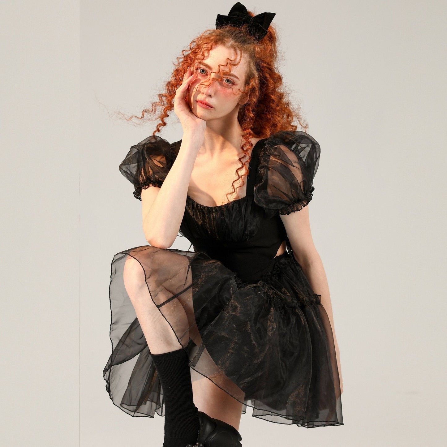 Little Black Organza Waistless Puff Sleeve Dress