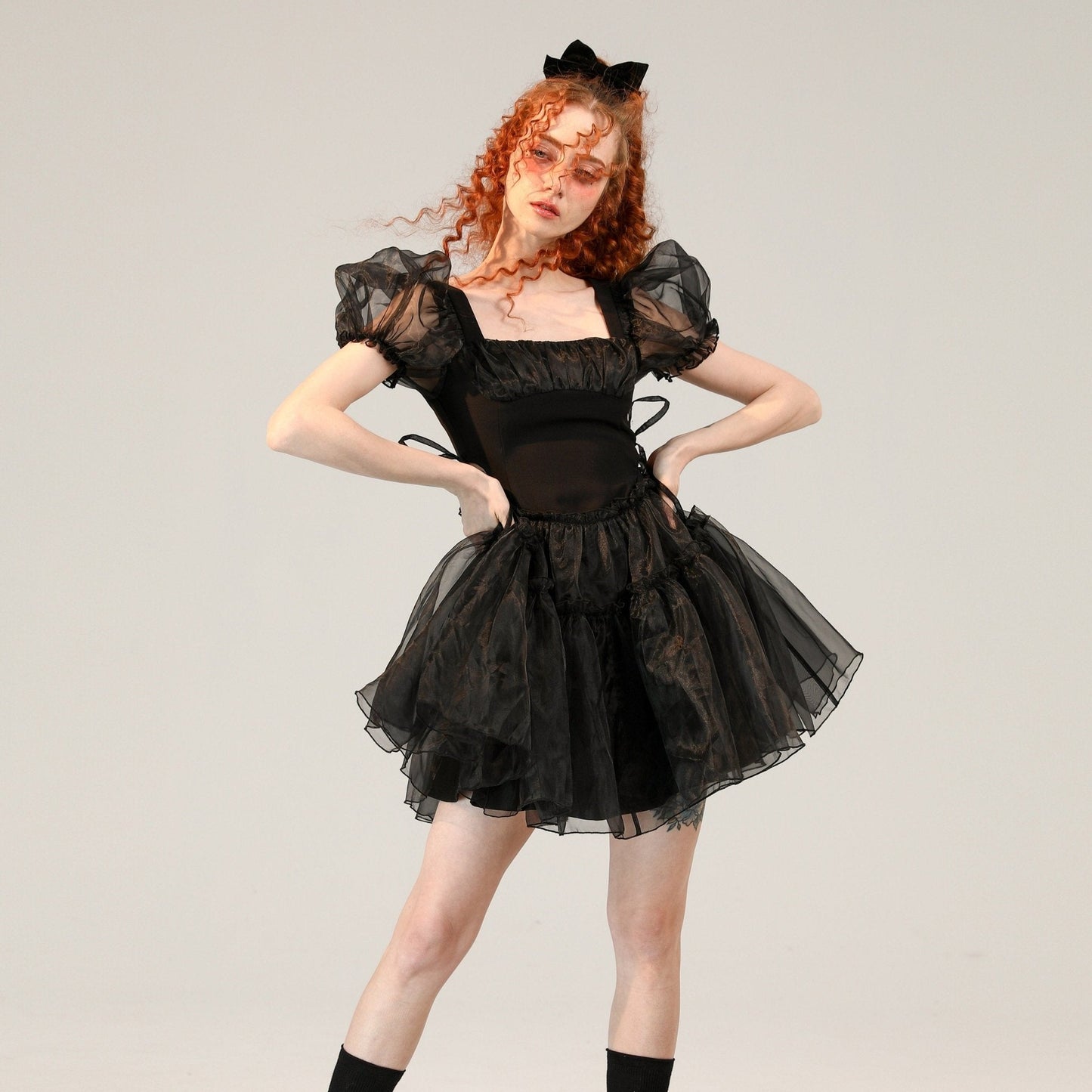 Little Black Organza Waistless Puff Sleeve Dress