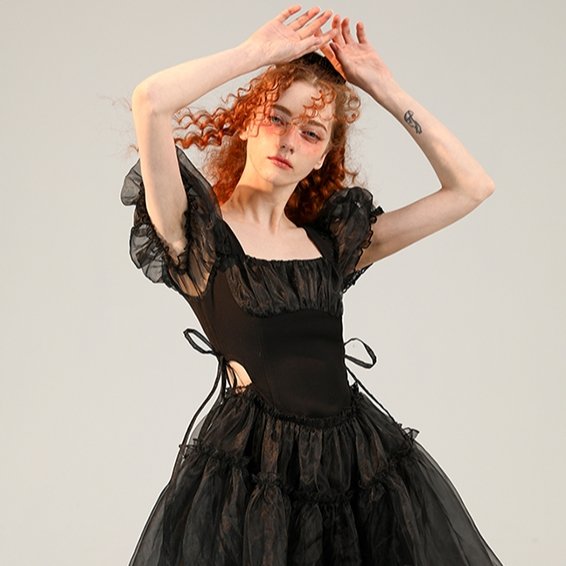 Little Black Organza Waistless Puff Sleeve Dress