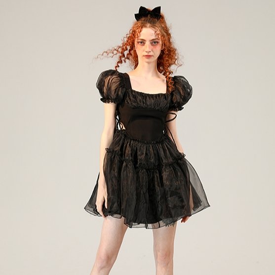 Little Black Organza Waistless Puff Sleeve Dress