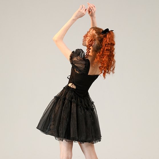 Little Black Organza Waistless Puff Sleeve Dress