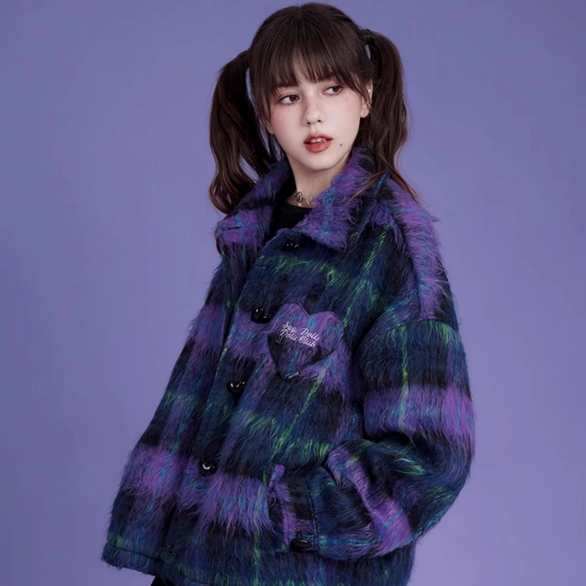 Loose blue and purple plaid long hair coat