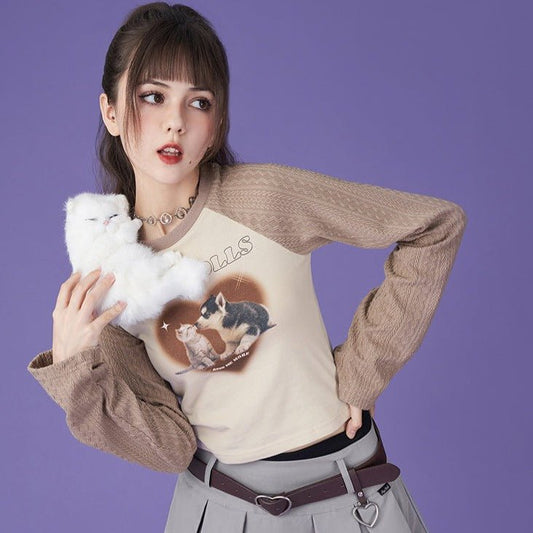 Milk coffee stitching design casual T-shirt