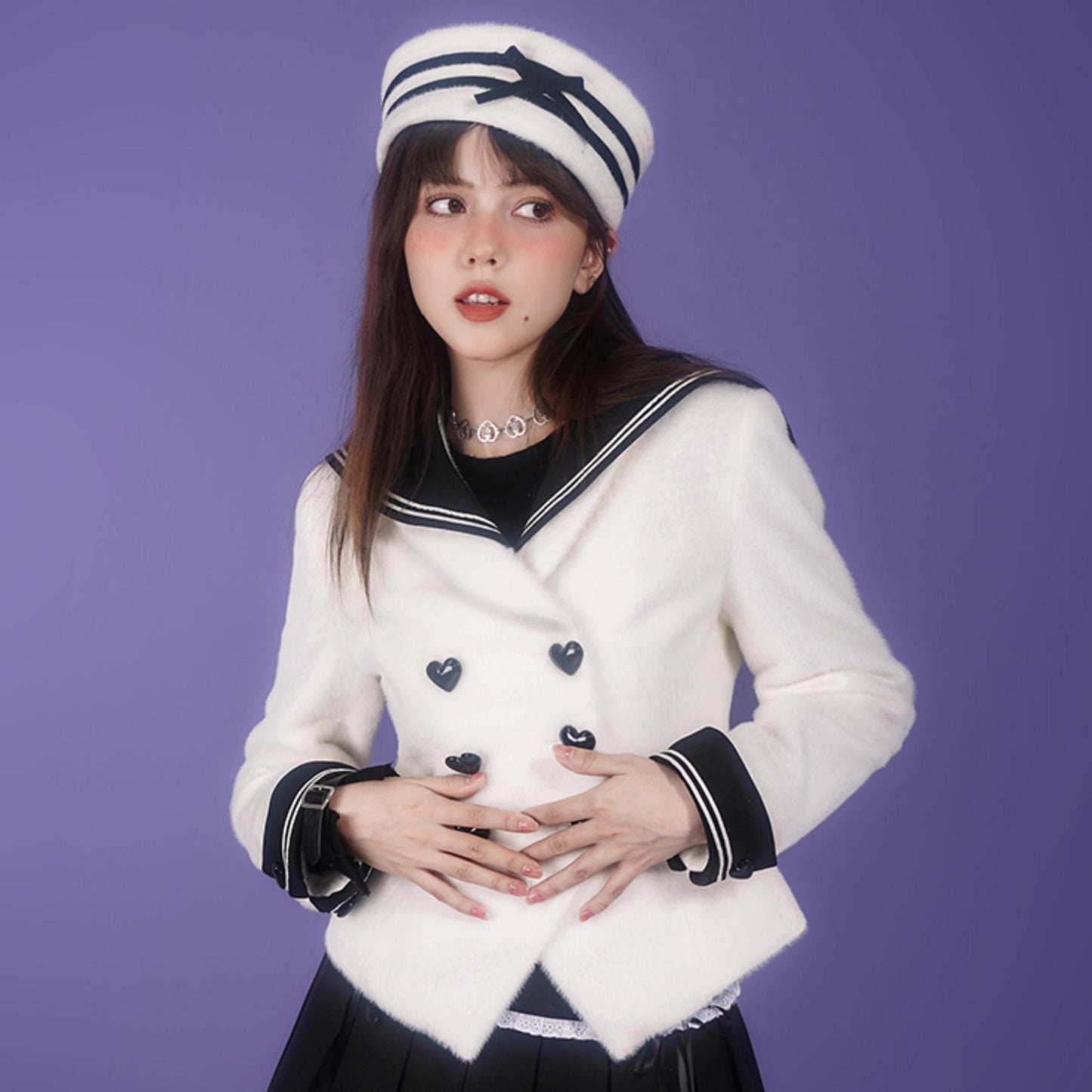 Milk white wool sailor collar waist coat