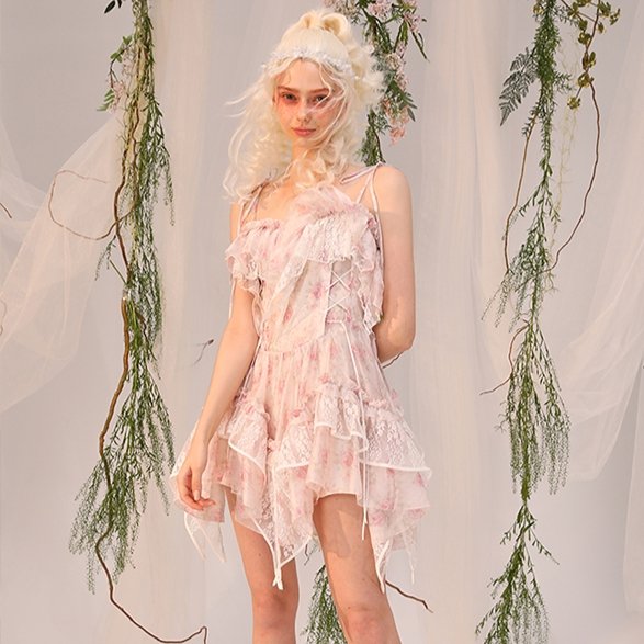 Monet Print Dress Organza Lace Irregular Slip Dress
