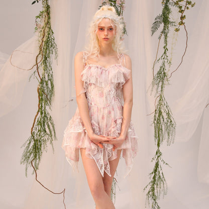 Monet Print Dress Organza Lace Irregular Slip Dress
