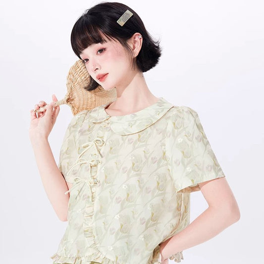 New Chinese style buckle printed short-sleeved shirt top